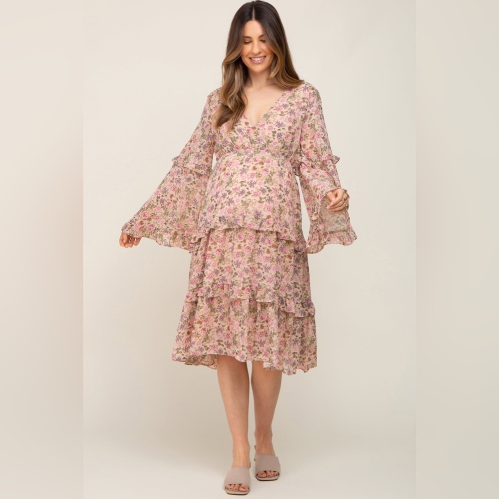 Pinkblush floral bell sleeve chiffon ruffle tiered dress nwot